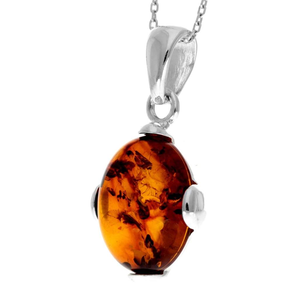 925 Sterling Silver & Genuine Baltic Amber Classic Oval Pendant - 573