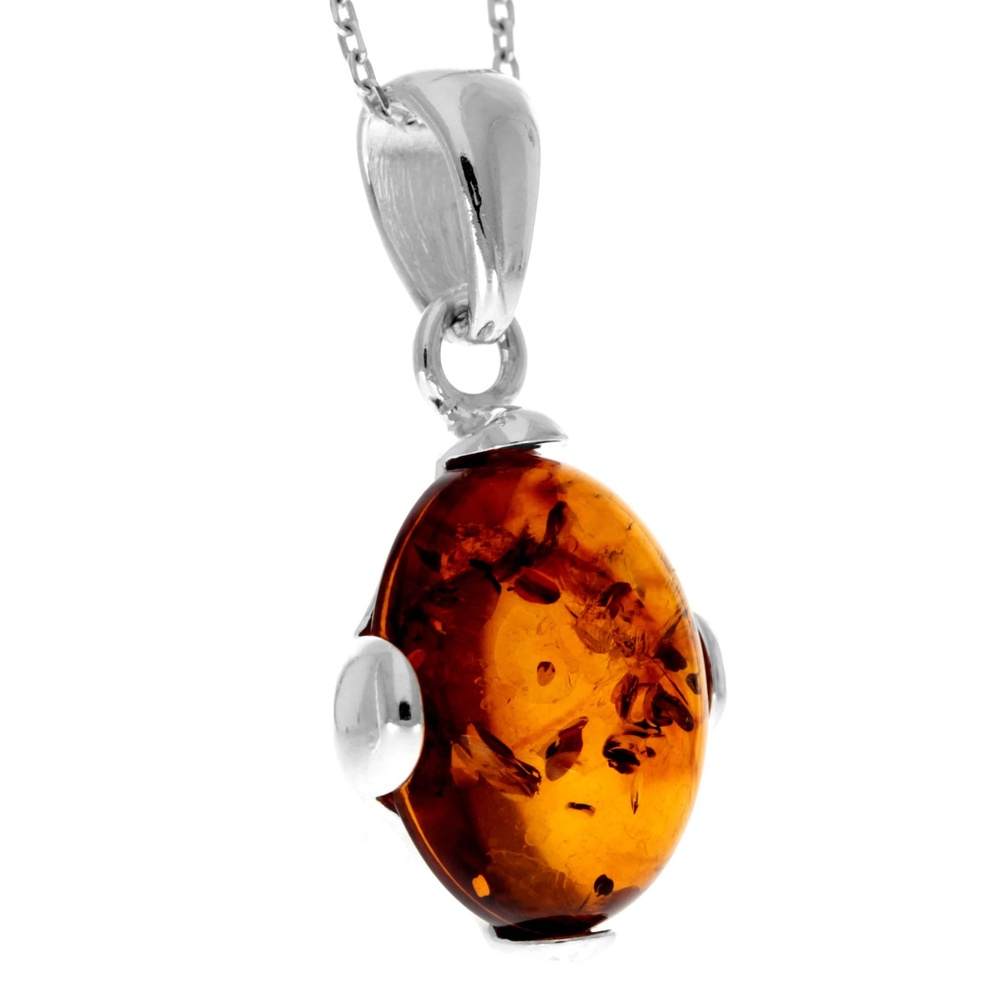 925 Sterling Silver & Genuine Baltic Amber Classic Oval Pendant - 573