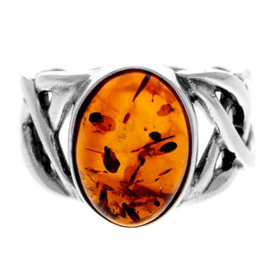 925 Sterling Silver & Genuine Oval Baltic Amber Celtic Large Ring - 7484