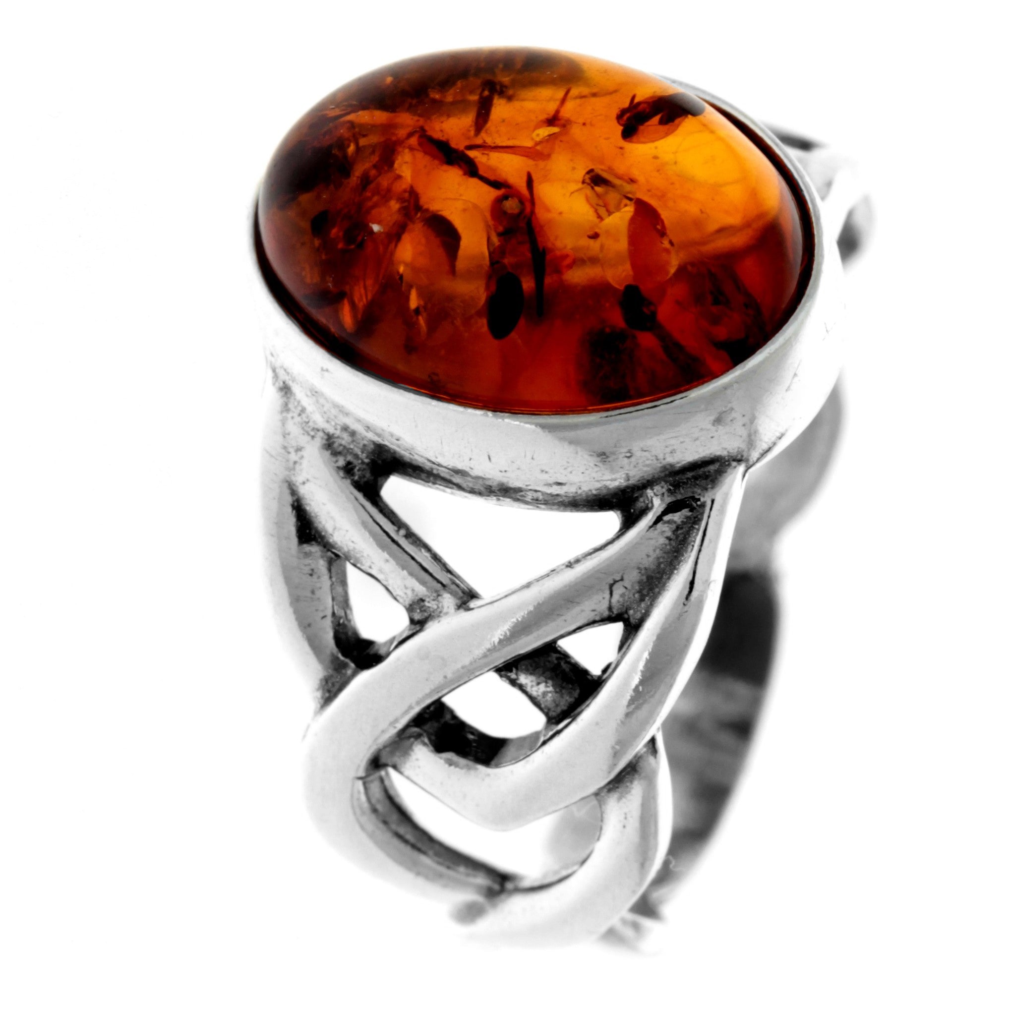 925 Sterling Silver & Genuine Oval Baltic Amber Celtic Large Ring - 7484