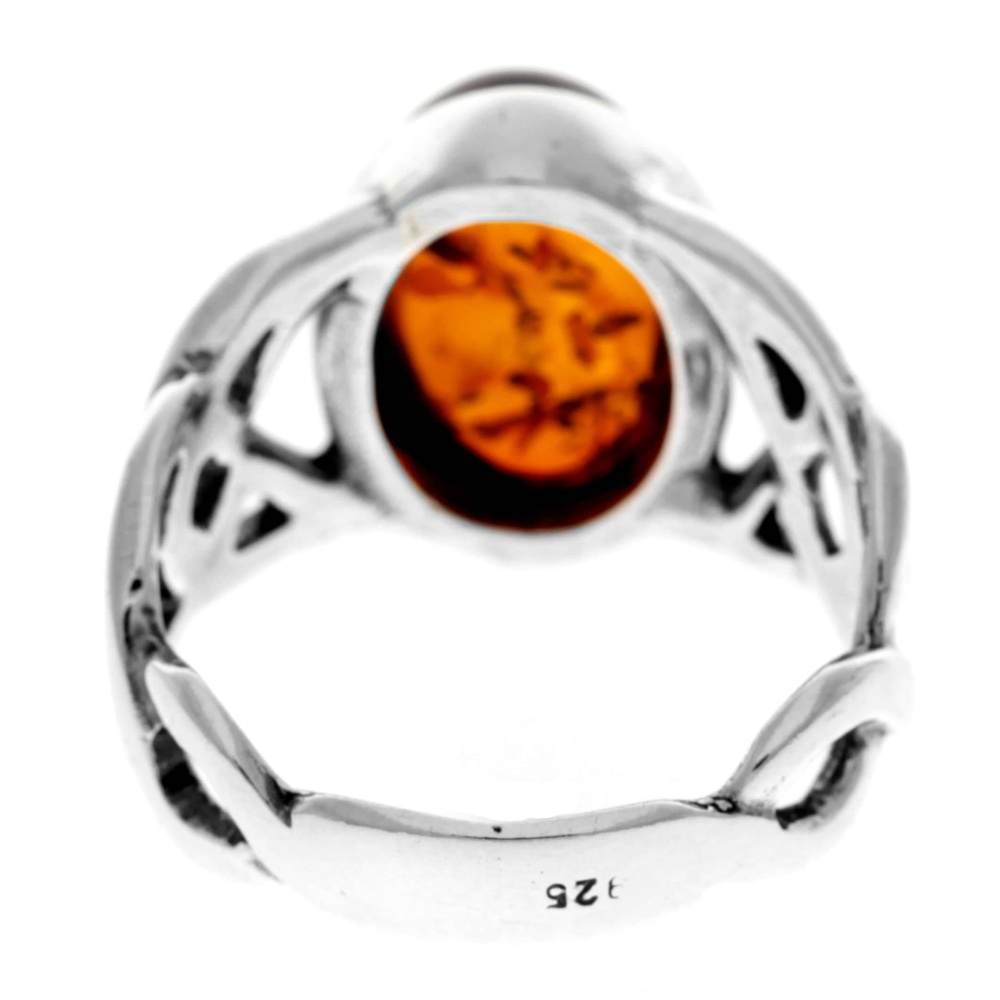 925 Sterling Silver & Genuine Oval Baltic Amber Celtic Large Ring - 7484