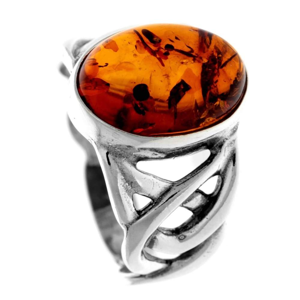 925 Sterling Silver & Genuine Oval Baltic Amber Celtic Large Ring - 7484