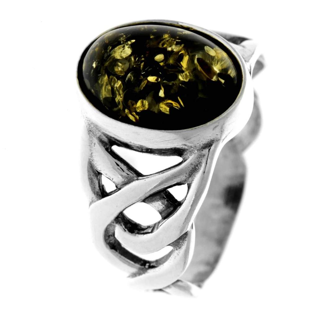 925 Sterling Silver & Genuine Oval Baltic Amber Celtic Large Ring - 7484