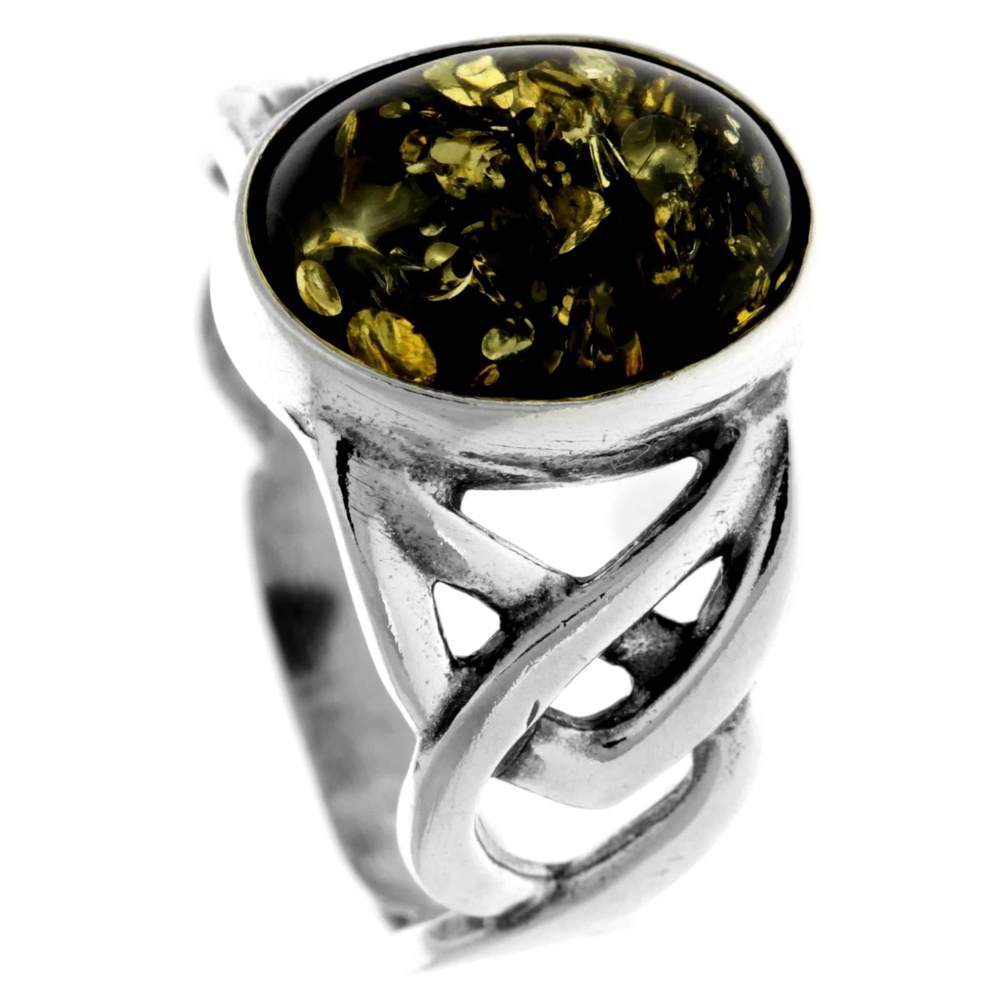 925 Sterling Silver & Genuine Oval Baltic Amber Celtic Large Ring - 7484