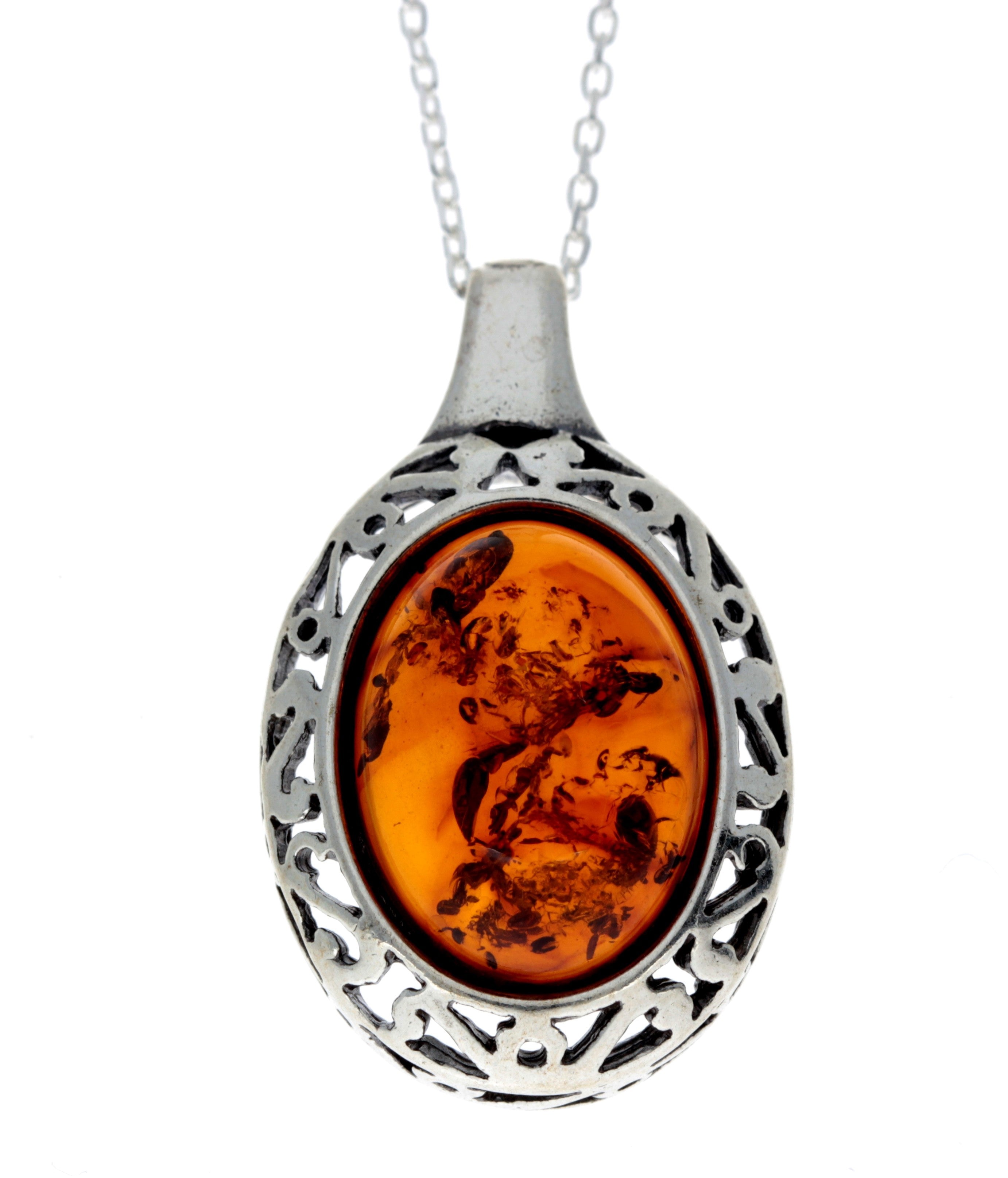 925 Sterling Silver & Genuine Baltic Amber Celtic Classic Pendant - AX202
