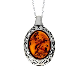 925 Sterling Silver & Genuine Baltic Amber Celtic Classic Pendant - AX202