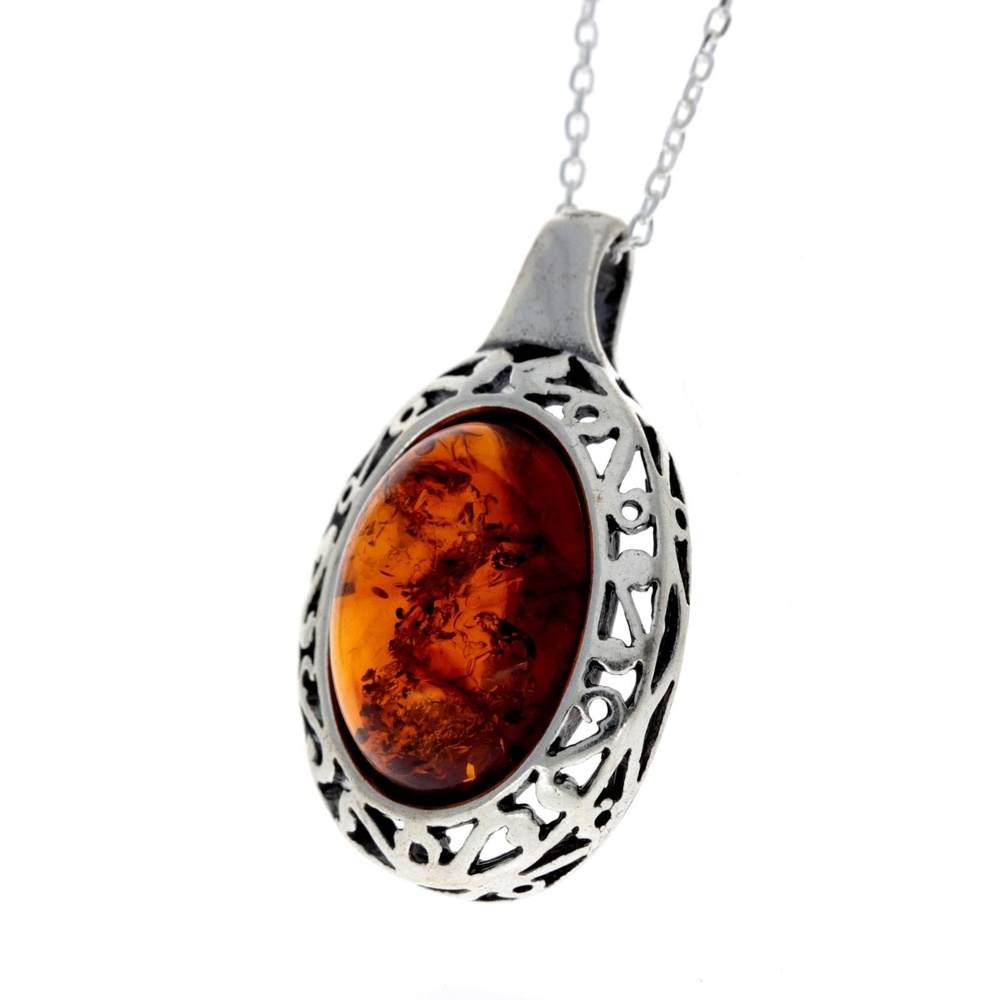 925 Sterling Silver & Genuine Baltic Amber Celtic Classic Pendant - AX202