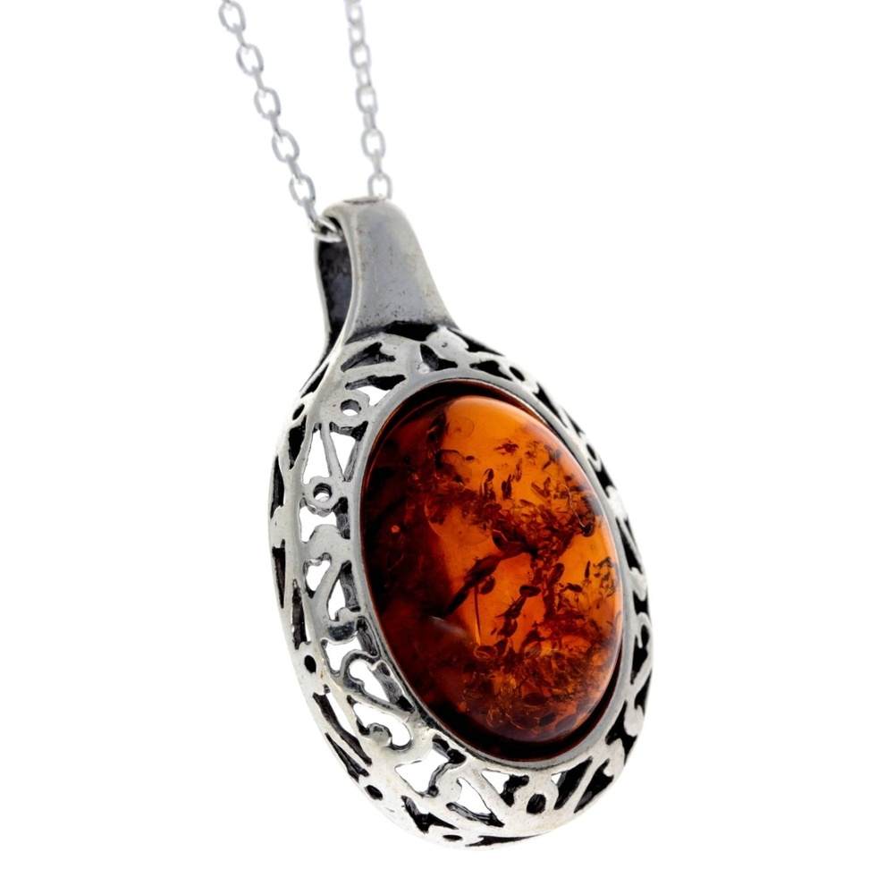 925 Sterling Silver & Genuine Baltic Amber Celtic Classic Pendant - AX202