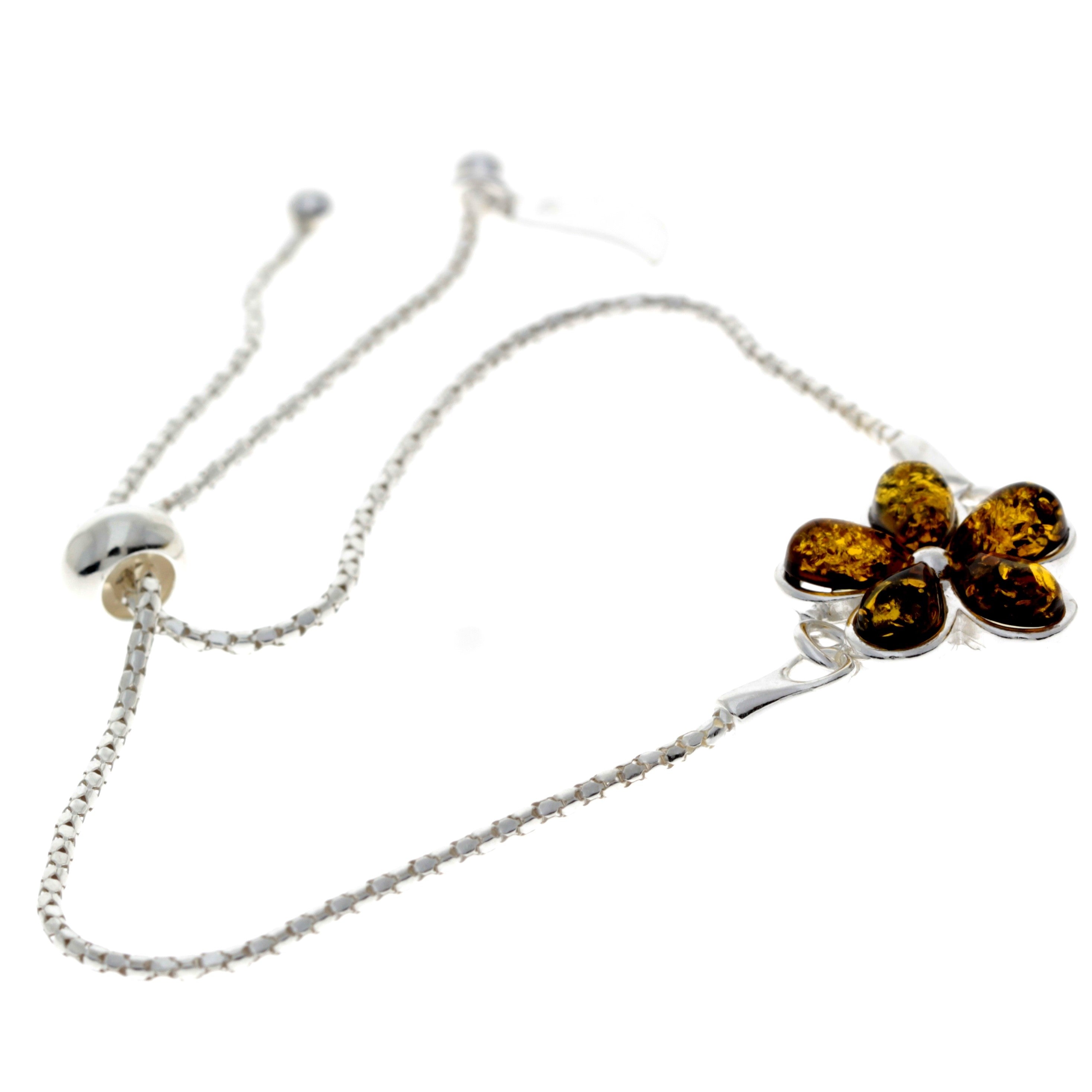 925 Sterling Silver & Baltic Amber Modern Flower Adjustable Bracelet - AXB3