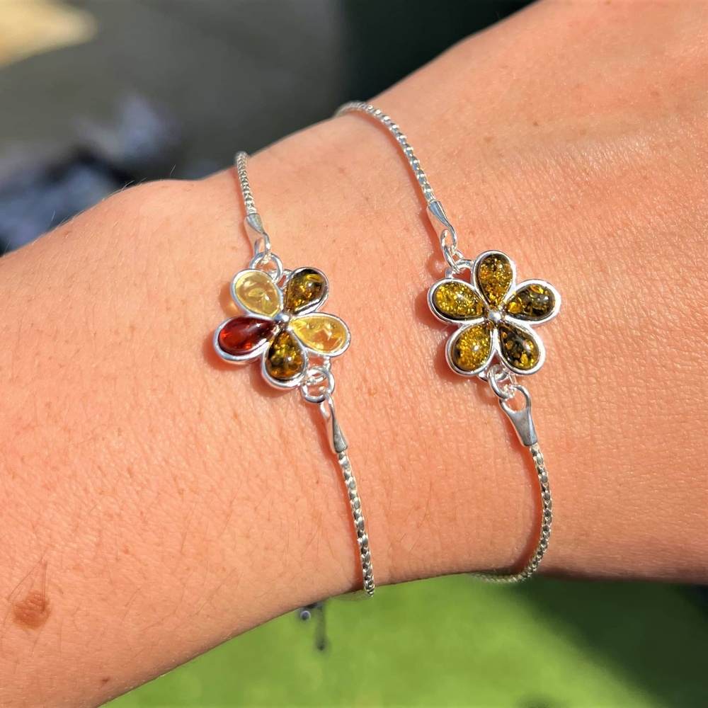 925 Sterling Silver & Baltic Amber Modern Flower Adjustable Bracelet - AXB3