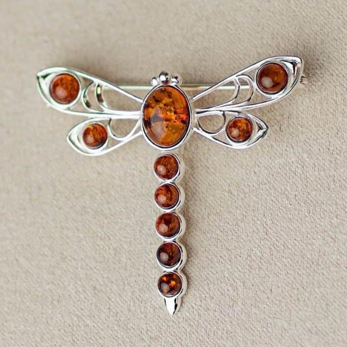 925 Sterling Silver & Baltic Amber Dragonfly Butterfly Brooch - 4032