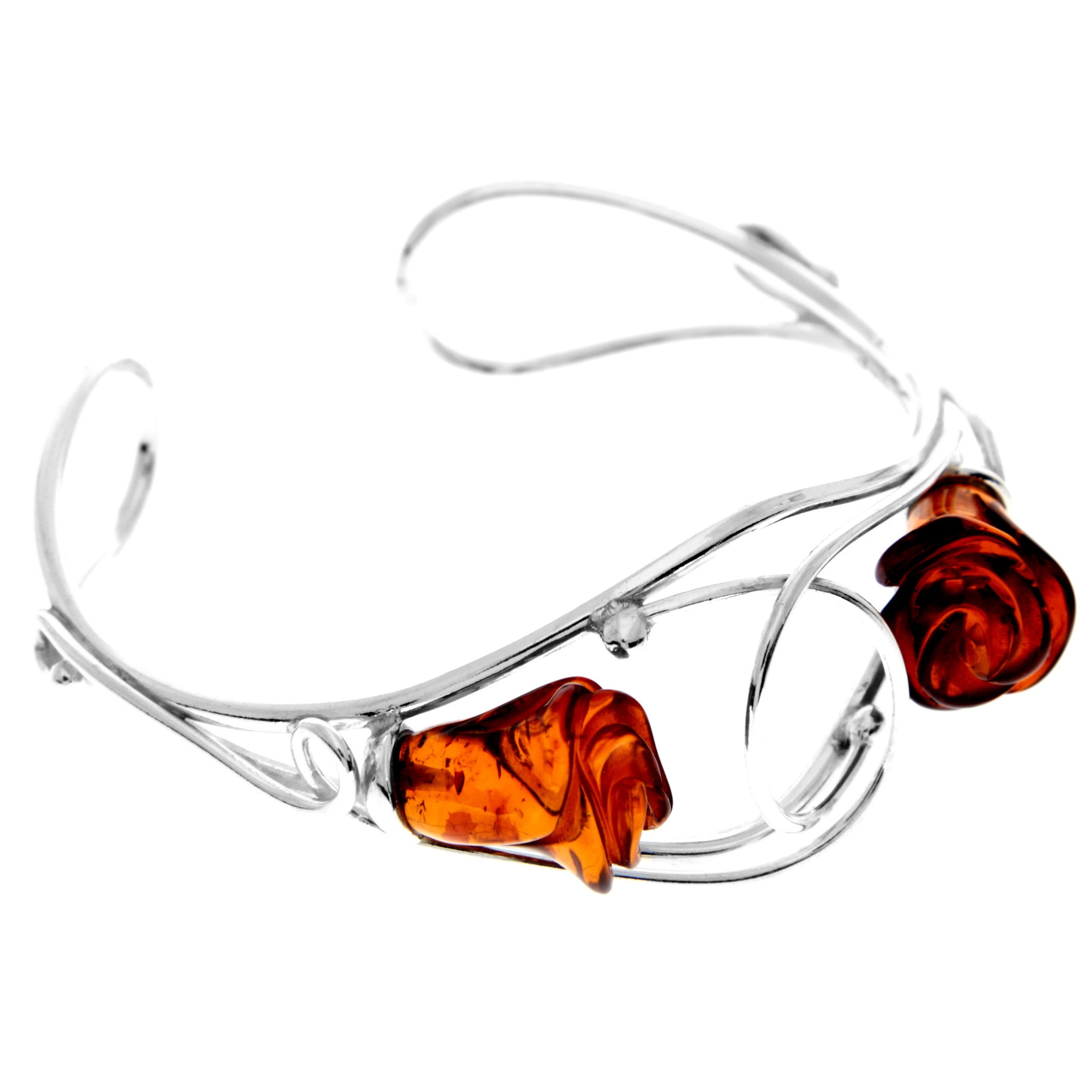925 Sterling Silver & Genuine Cognac Baltic Amber Exclusive Double Rose Bangle - BL0170