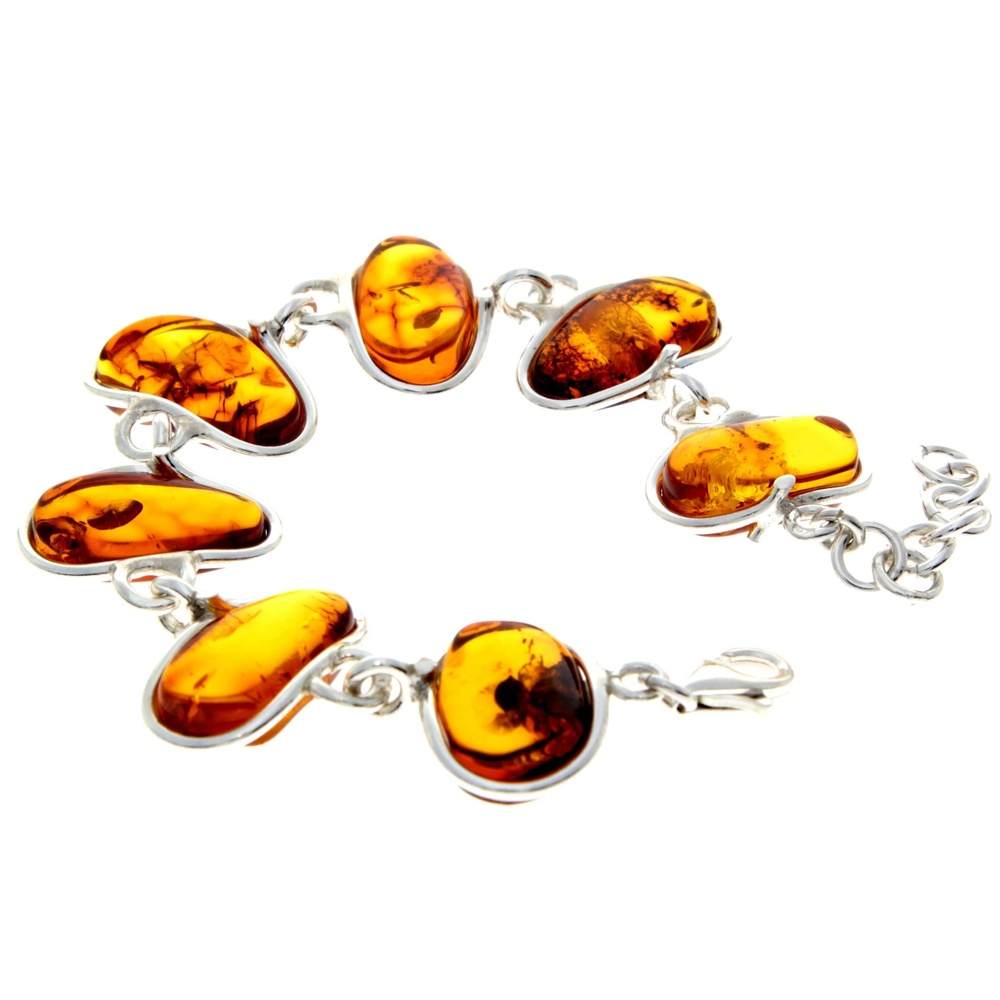 925 Sterling Silver & Genuine Cognac Baltic Amber Exclusive Link Bracelet with extender - BT173