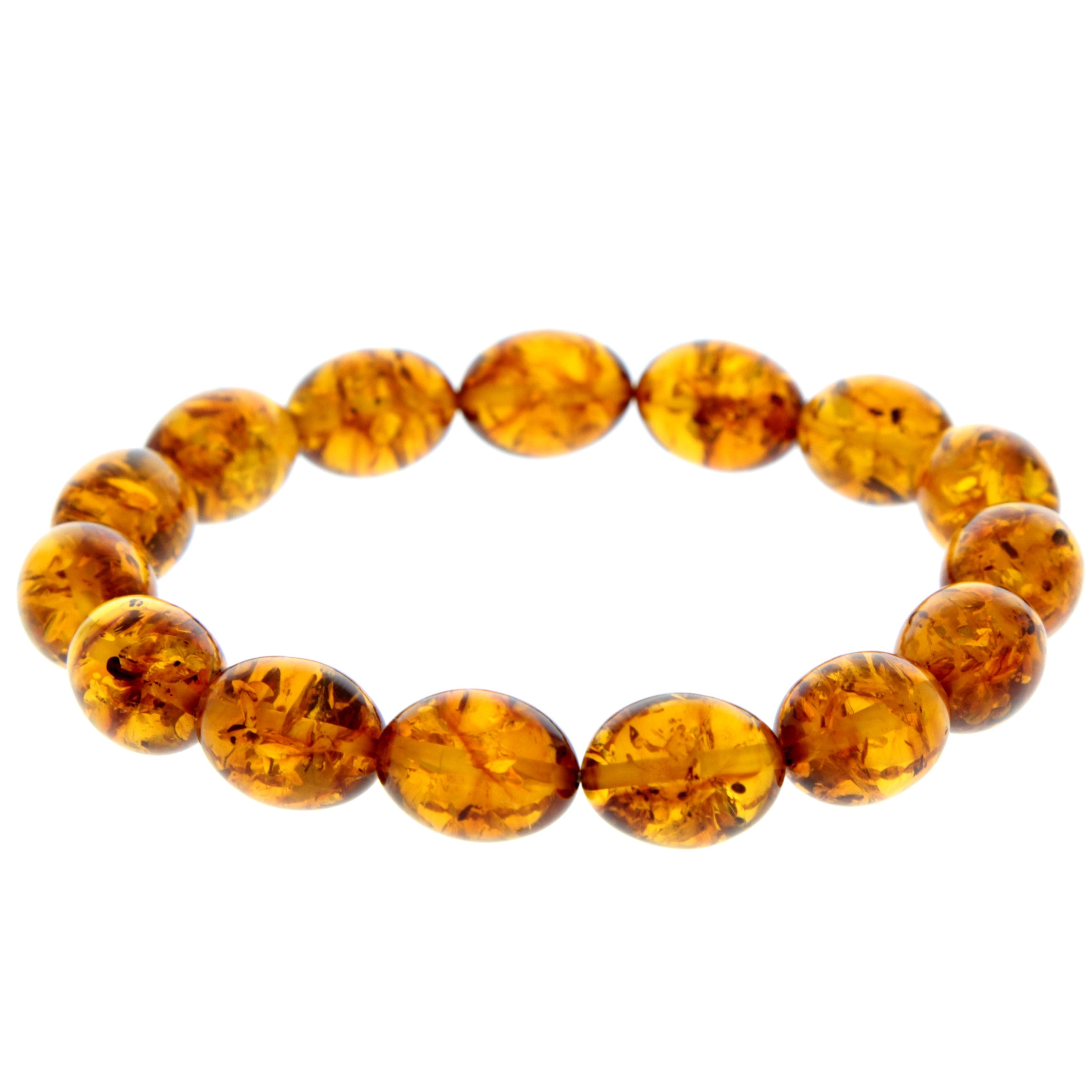 Genuine Baltic Amber Elastic Bracelet for Women - Oval Olive Amber Beads 12x10 mm - BT0175