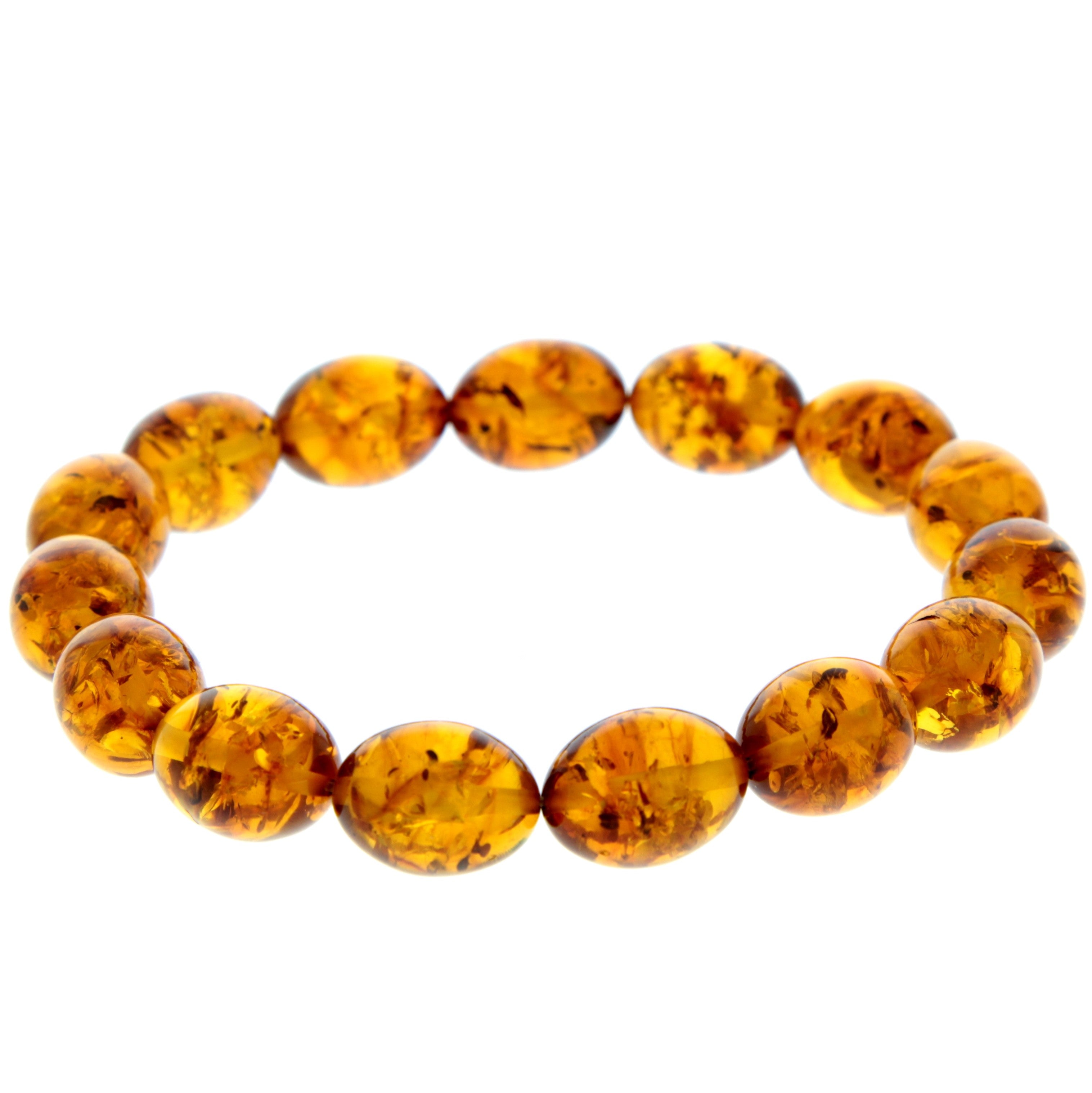 Genuine Baltic Amber Elastic Bracelet for Women - Oval Olive Amber Beads 12x10 mm - BT0175