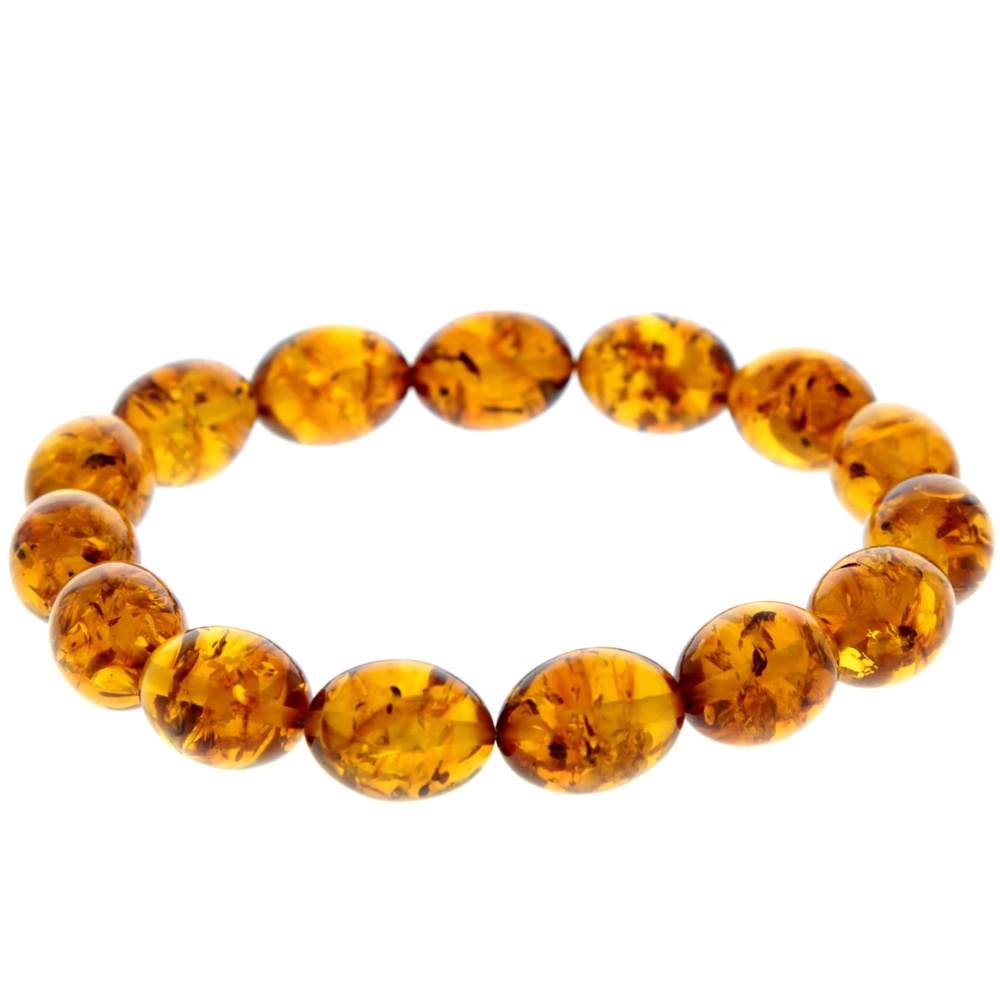 Genuine Baltic Amber Elastic Bracelet for Women - Oval Olive Amber Beads 12x10 mm - BT0175