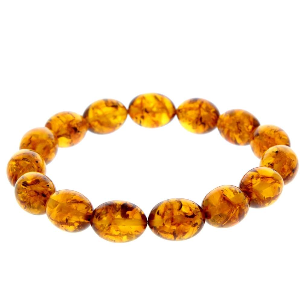 Genuine Baltic Amber Elastic Bracelet for Women - Oval Olive Amber Beads 12x10 mm - BT0175