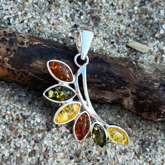 925 Sterling Silver & Genuine Baltic Amber Modern Pendant - 1843