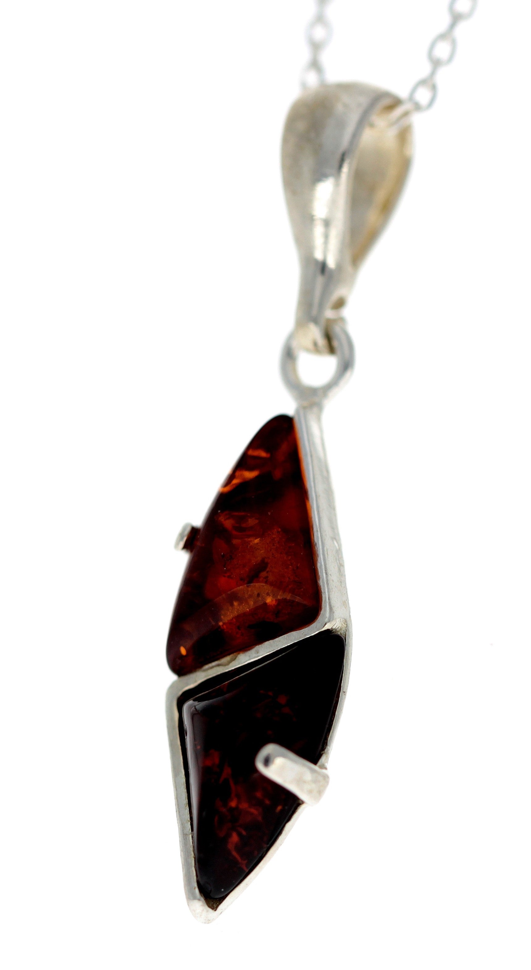 925 Sterling Silver & Genuine Baltic Amber Two Triangle Stones Pendant - G211