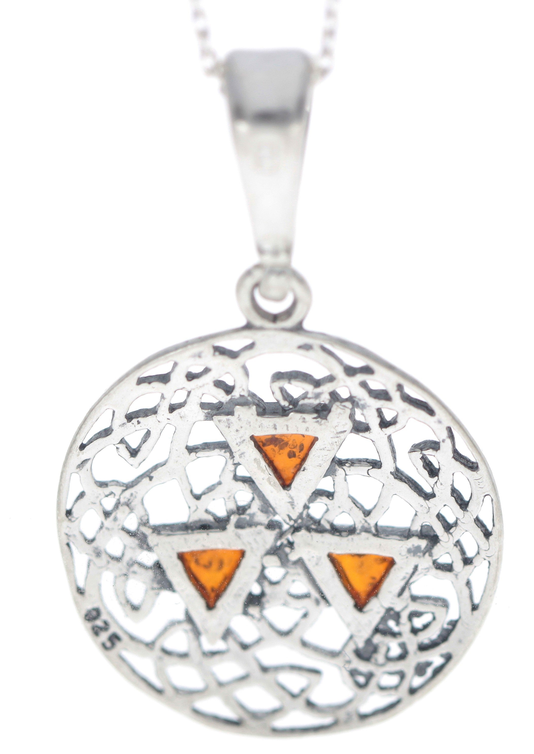 925 Sterling Silver & Genuine Baltic Amber Modern Medalion Pendant  G228