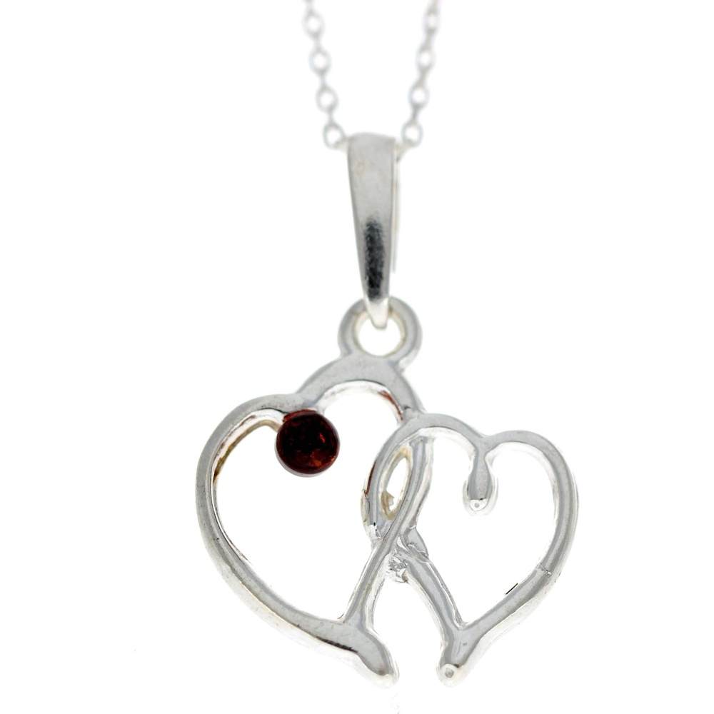 925 Sterling Silver & Genuine Baltic Amber Double Heart Pendant - G230