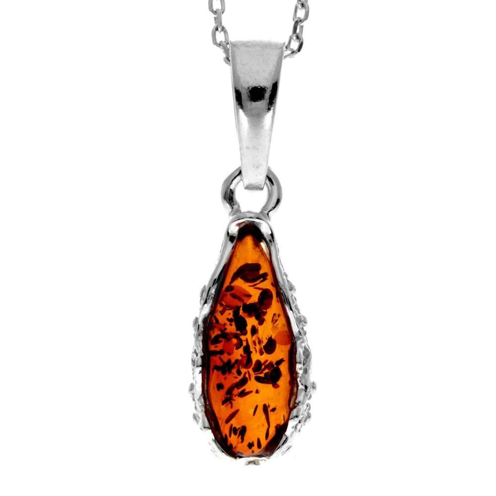 925 Sterling Silver & Baltic Amber Modern Teardrop Pendant - G233