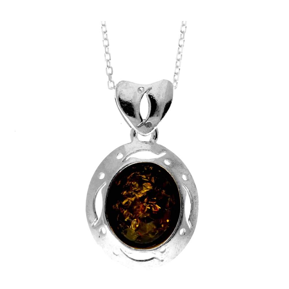 925 Steling Silver & Genuine Baltic Amber Classic Oval Pendant G234G