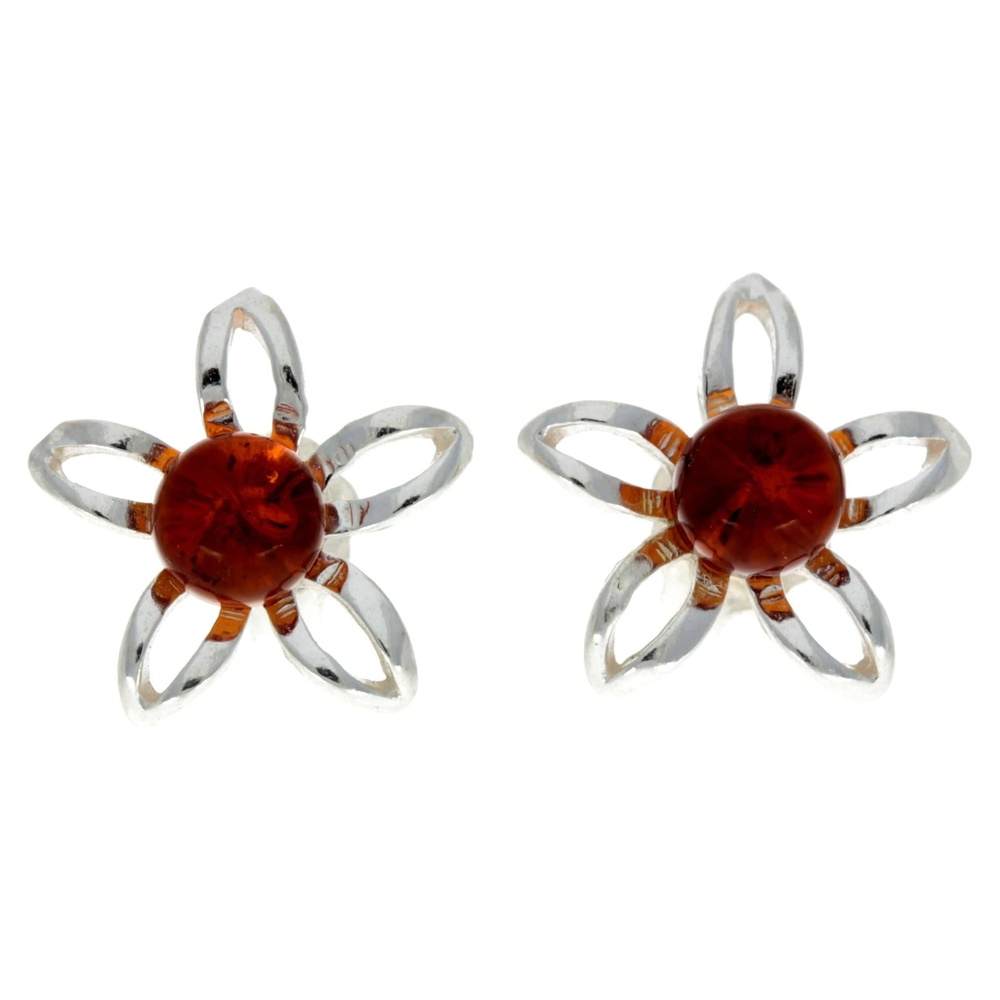 925 Sterling Silver & Genuine Baltic Amber Classic Stars Flowers Studs Earrings - GL075