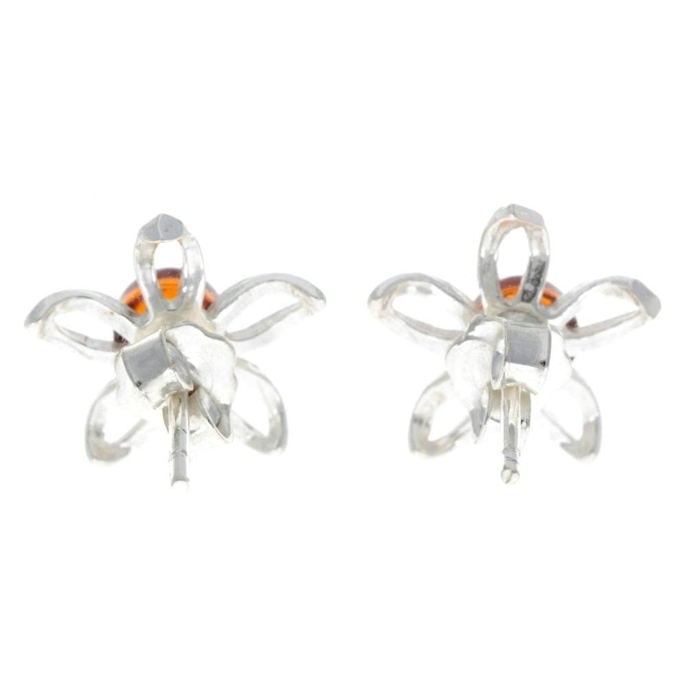 925 Sterling Silver & Genuine Baltic Amber Classic Stars Flowers Studs Earrings - GL075