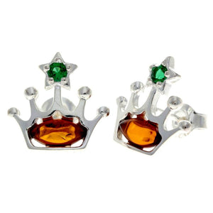 925 Sterling Silver & Genuine Baltic Amber Crown Queen Studs Earrings - GL1003