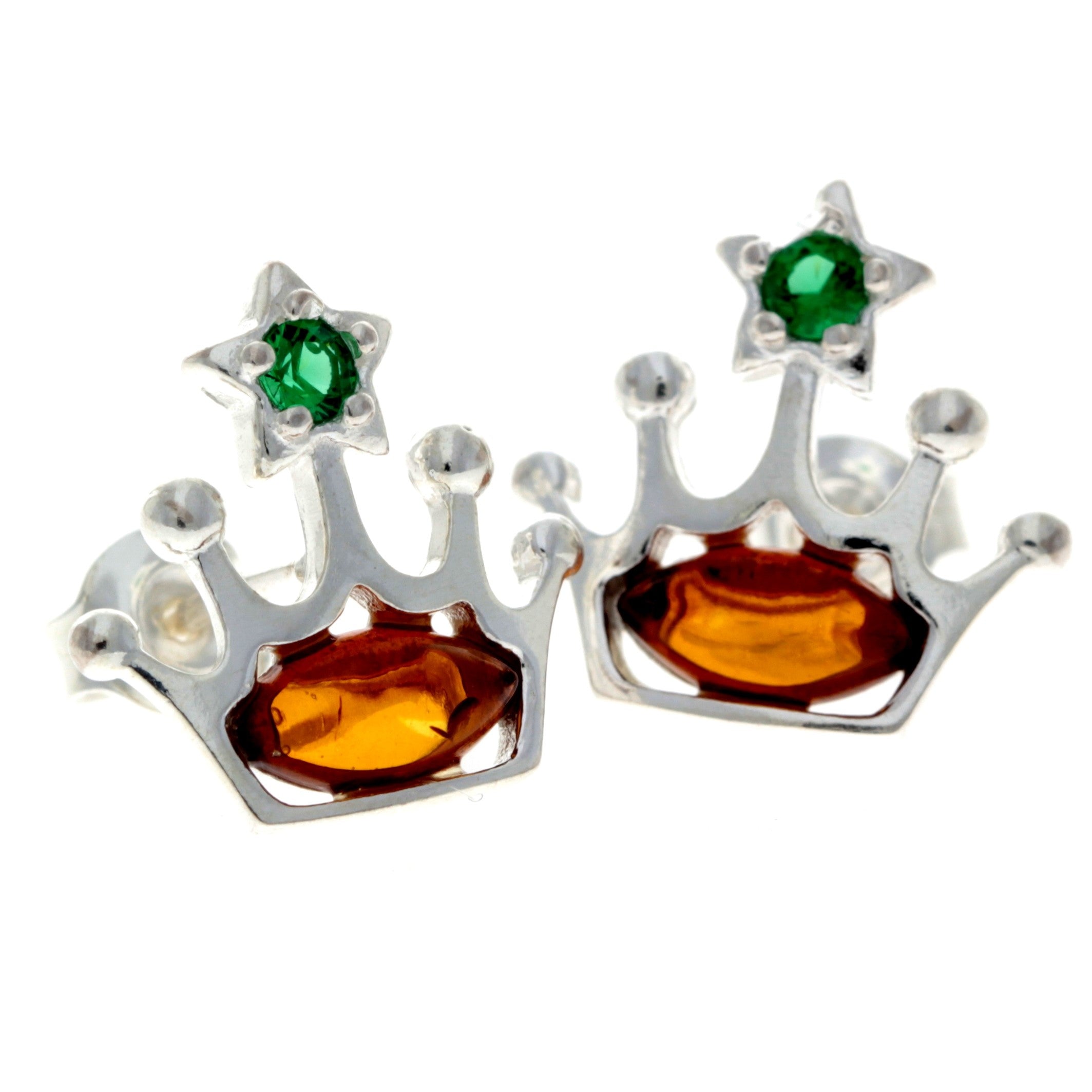 925 Sterling Silver & Genuine Baltic Amber Crown Queen Studs Earrings - GL1003