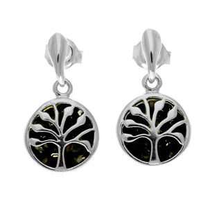 925 Sterling Silver & Genuine Baltic Amber Tree of Life Drop Studs Earrings - GL1004