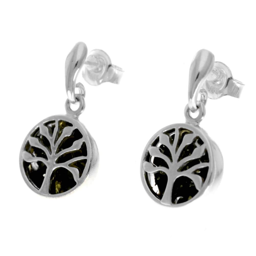 925 Sterling Silver & Genuine Baltic Amber Tree of Life Drop Studs Earrings - GL1004