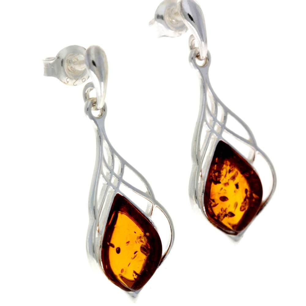 925 Sterling Silver & Genuine Baltic Amber Drop Studs Celtic Earrings - GL1005