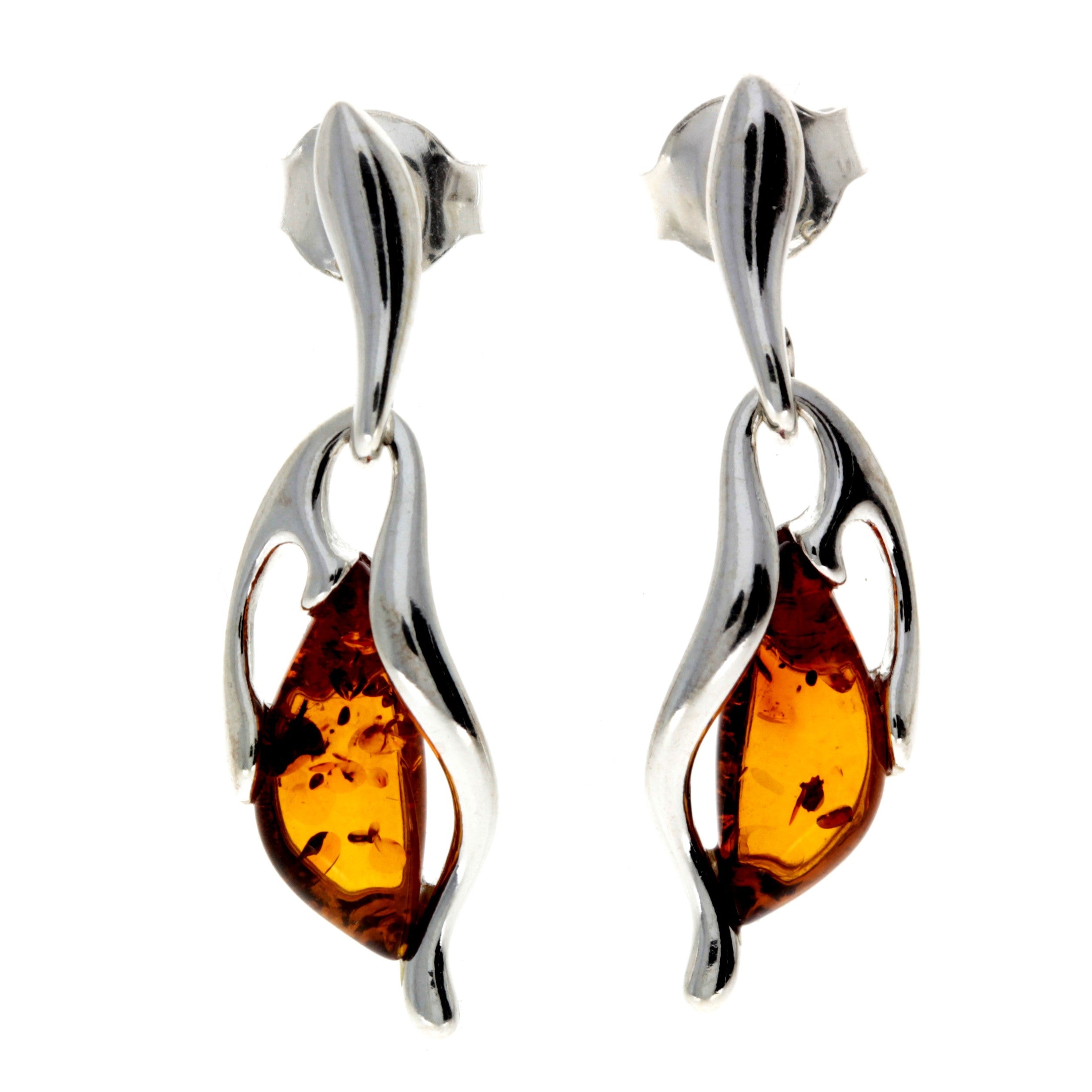 925 Sterling Silver & Genuine Baltic Amber Drop Studs Modern Earrings - GL1006