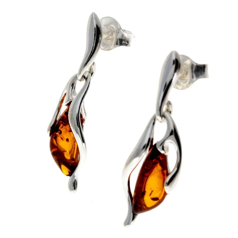 925 Sterling Silver & Genuine Baltic Amber Drop Studs Modern Earrings - GL1006