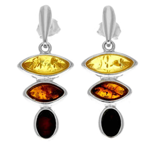 925 Sterling Silver & Genuine Baltic Amber 3 Stone Modern Drop Earrings - GL1007M