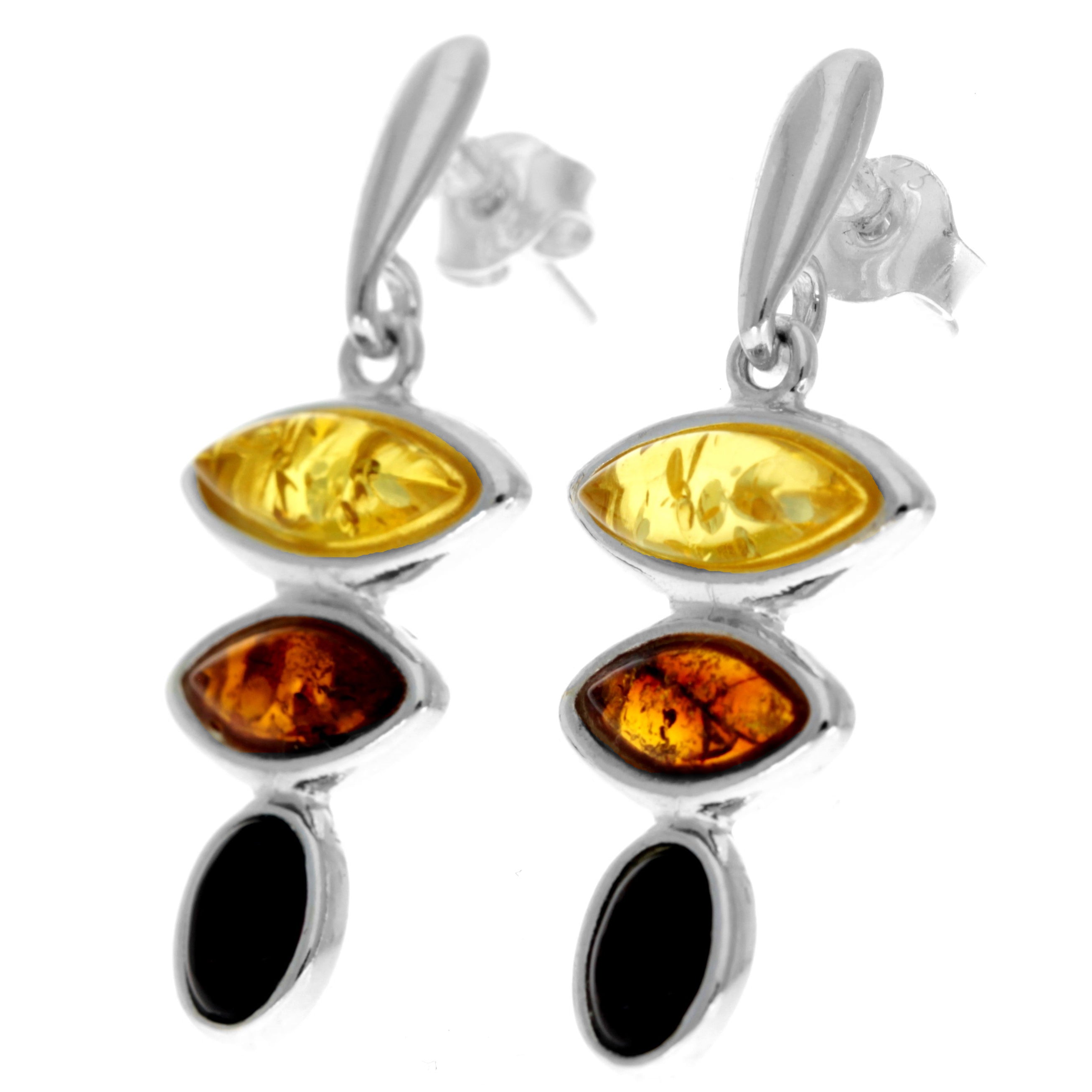 925 Sterling Silver & Genuine Baltic Amber 3 Stone Modern Drop Earrings - GL1007M