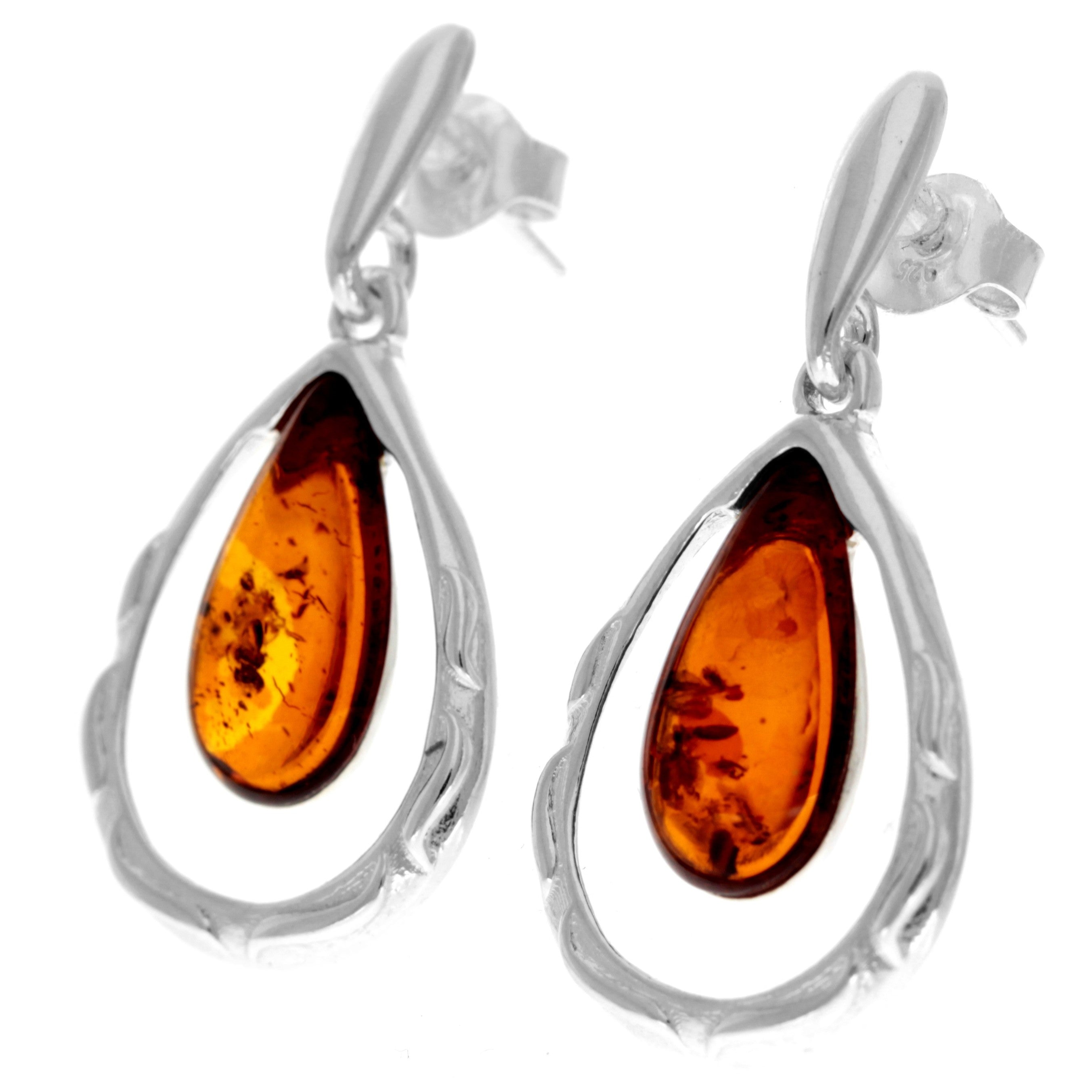 925 Sterling Silver & Genuine Baltic Amber Teardrop Modern Drop Earrings - GL1008