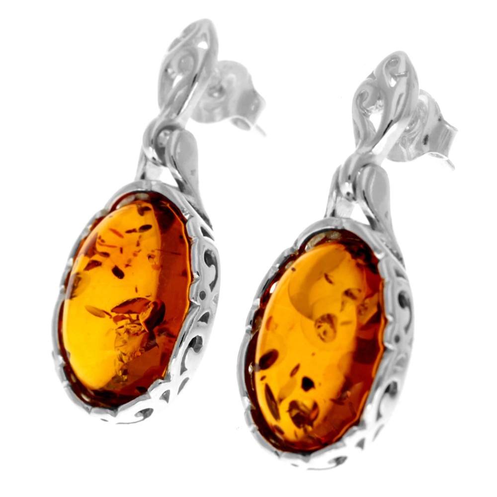 925 Sterling Silver & Genuine Baltic Amber Celtic Modern Drop Earrings - GL1009