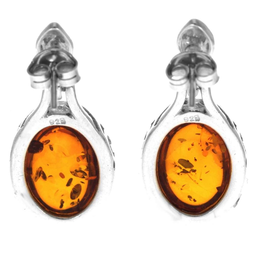 925 Sterling Silver & Genuine Baltic Amber Celtic Modern Drop Earrings - GL1009