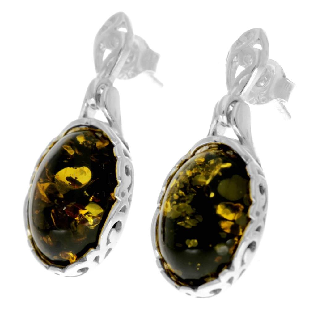 925 Sterling Silver & Genuine Baltic Amber Celtic Modern Drop Earrings - GL1009