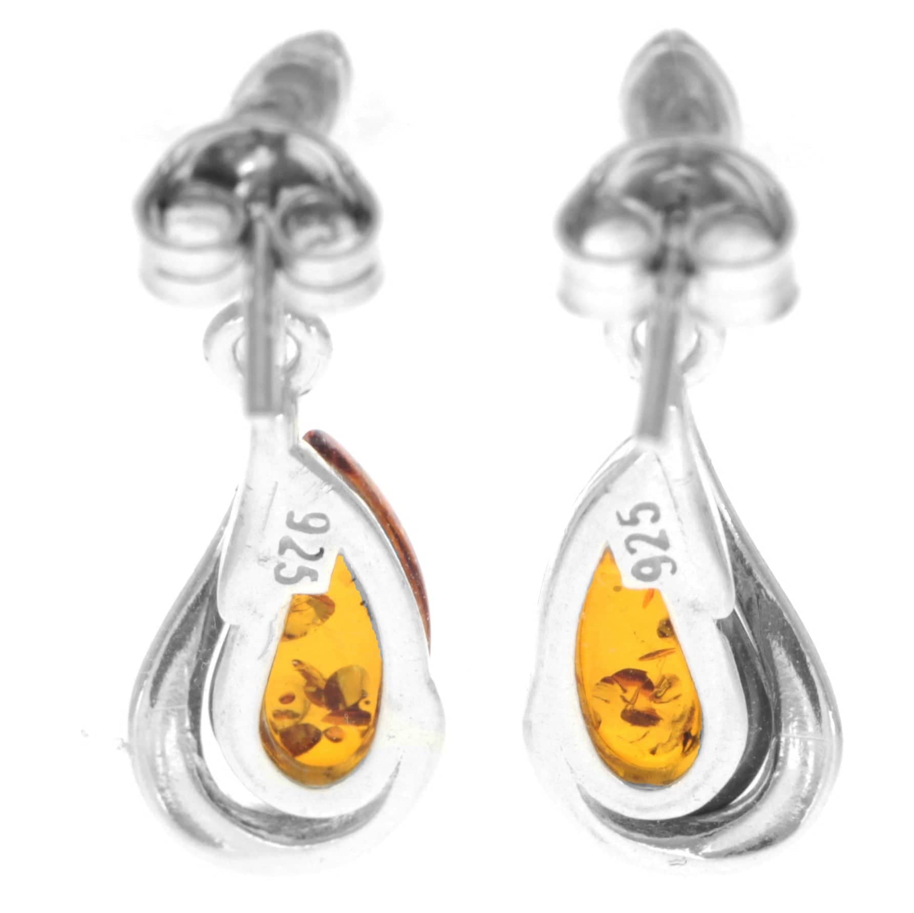 925 Sterling Silver & Genuine Baltic Amber Teardrop Modern Drop Earrings - GL1012