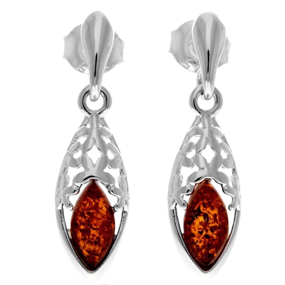 925 Sterling Silver & Genuine Baltic Amber Classic Drop Earrings - GL1013