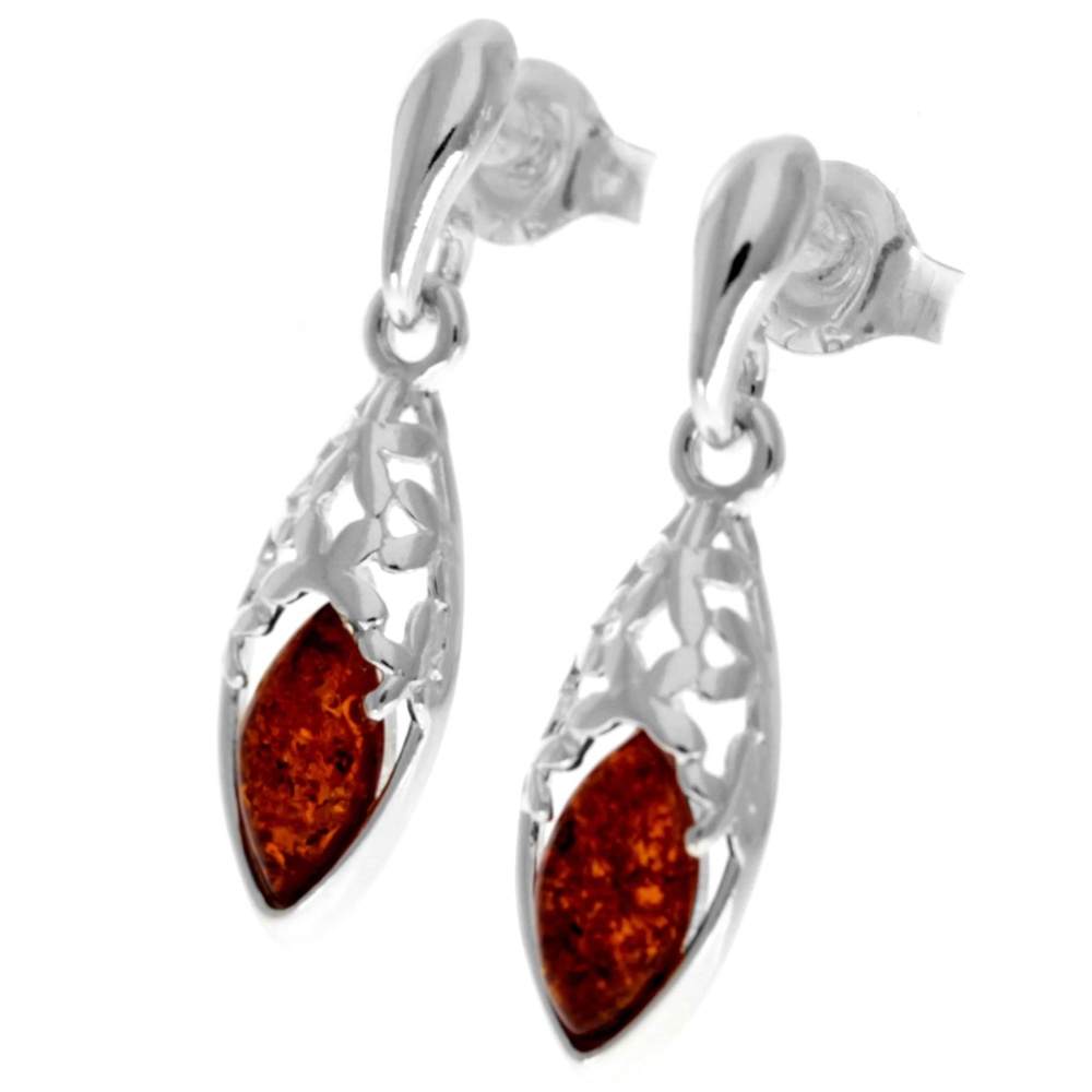 925 Sterling Silver & Genuine Baltic Amber Classic Drop Earrings - GL1013