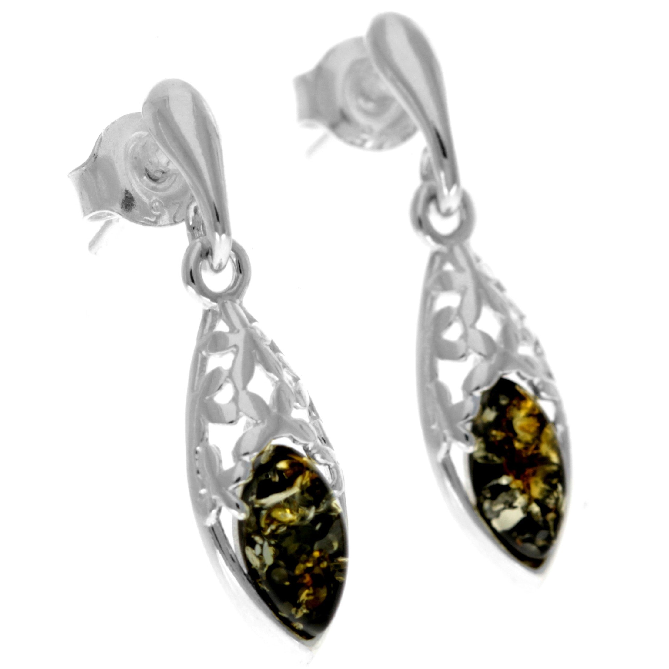 925 Sterling Silver & Genuine Baltic Amber Classic Drop Earrings - GL1013