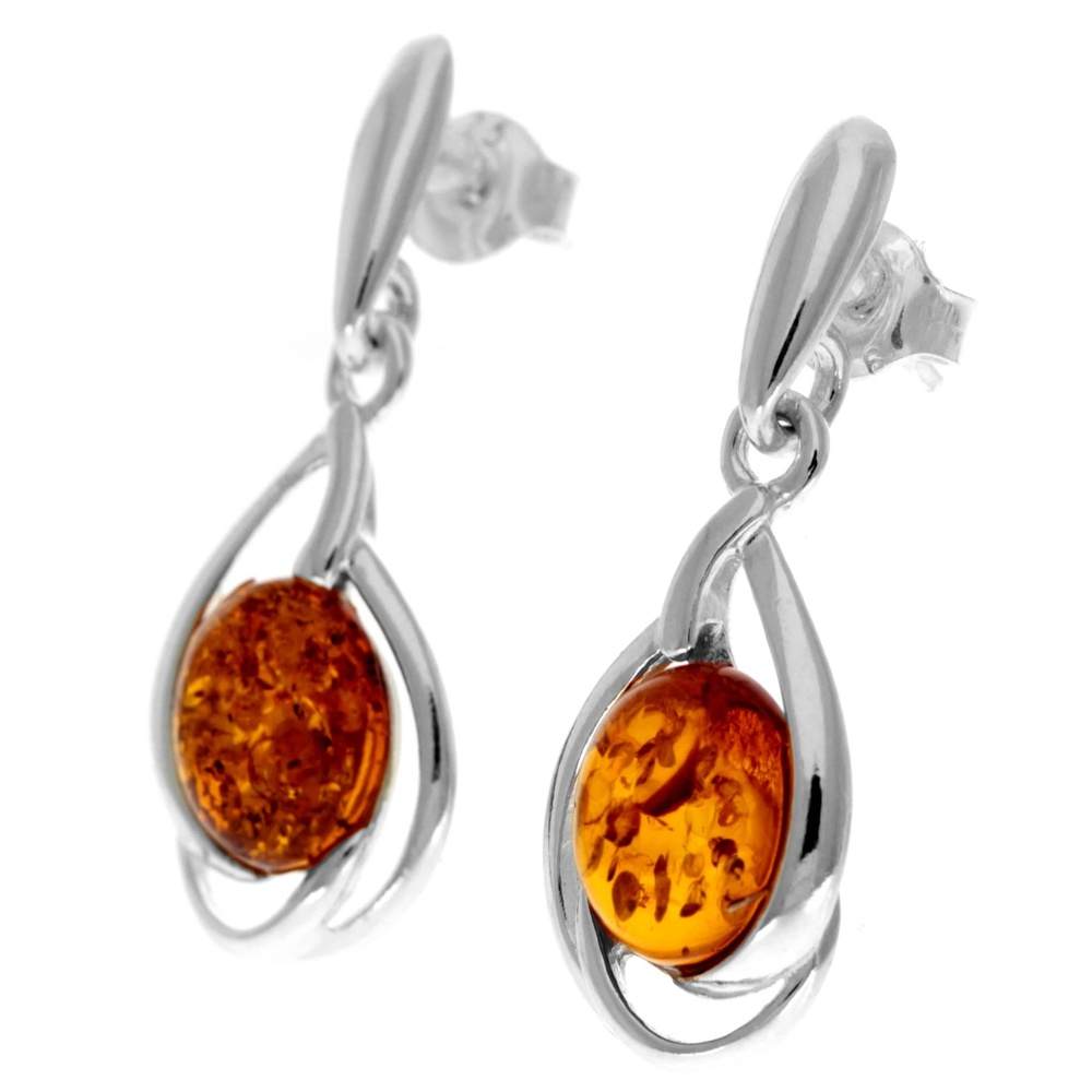 925 Sterling Silver & Genuine Baltic Amber Classic Drop Earrings - GL1015