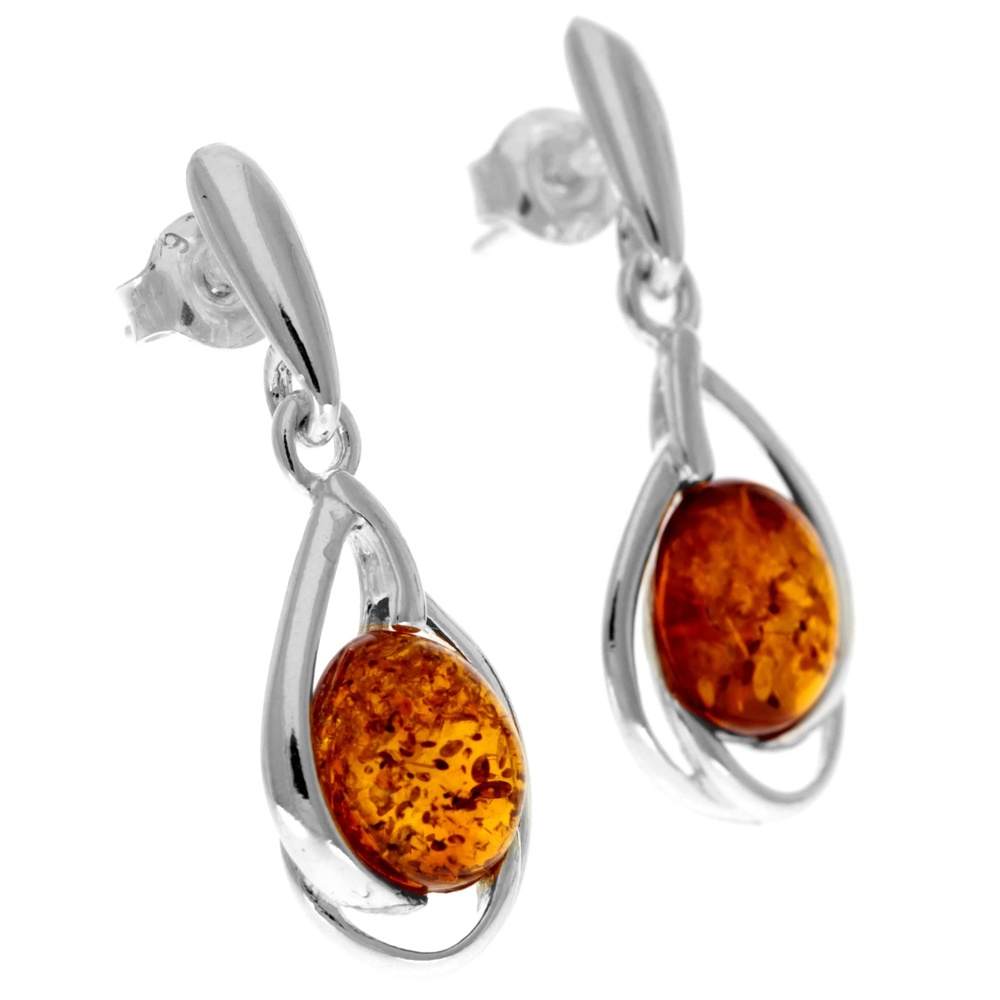 925 Sterling Silver & Genuine Baltic Amber Classic Drop Earrings - GL1015