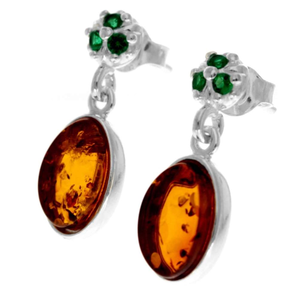 925 Sterling Silver & Genuine Baltic Amber in Combo with Cubic Zirconia Classic Drop Earrings - GL1016