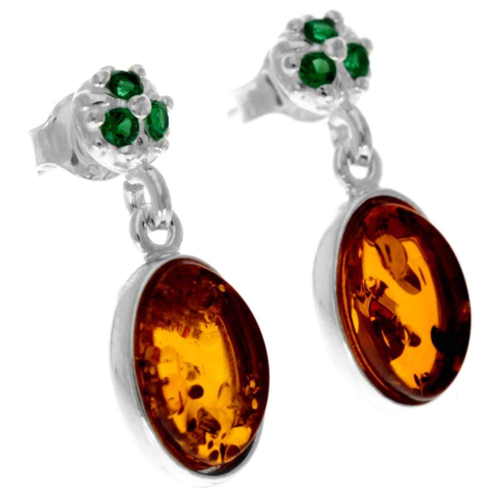 925 Sterling Silver & Genuine Baltic Amber in Combo with Cubic Zirconia Classic Drop Earrings - GL1016